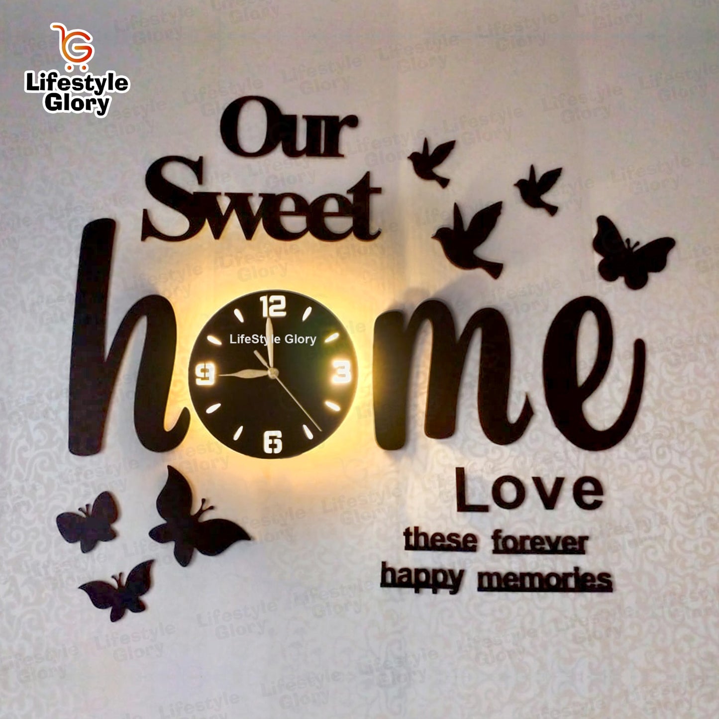 Lifestyle Glory Brand Wooden Wall Clock – Butterflies & Sweet Home 3D Design