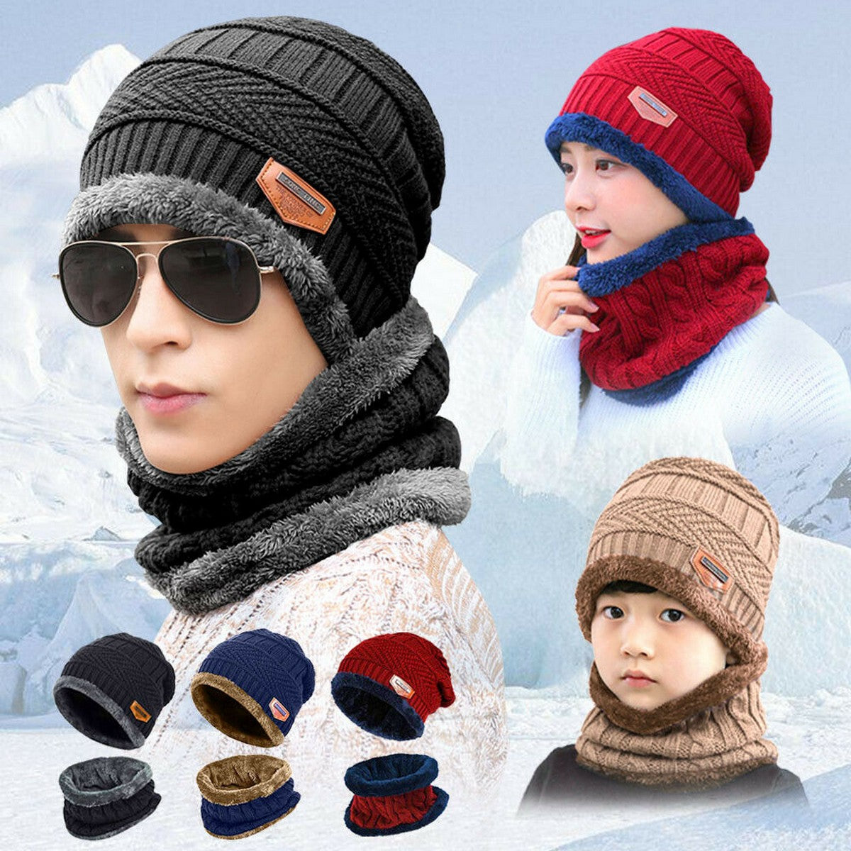 2 Piece Winter Elastic Knitting Thick Fleece Warm Woolen Beanie Cap Sport Hat & Neck Scarf Set