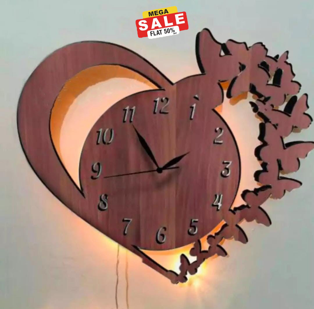 Lifestyle Glory Heart Wooden Clock With Premium Light I The New Wooden Wall Clock Big Size I Wall Clock I Wooden Wall Clock I Wall clocks for bedroom I Wall Clocks for drawing room I Wooden Wall Clocks for bedroom