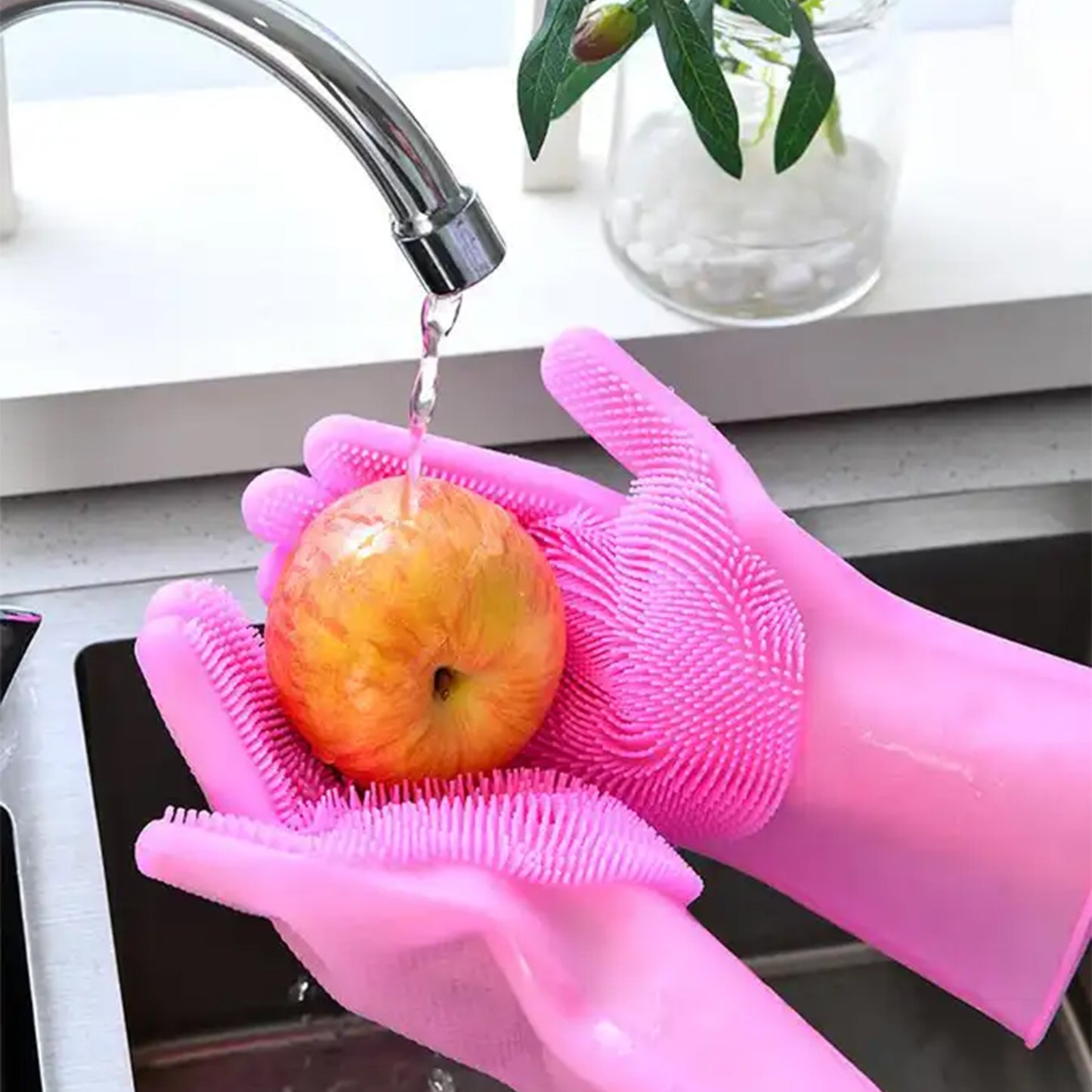 Magic Silicone Gloves with Scrubber - High-Quality, Reusable, and Heat Resistant for Kitchen, Dish Washing, and Household Cleaning (1 Pair: Right + Left Hand)