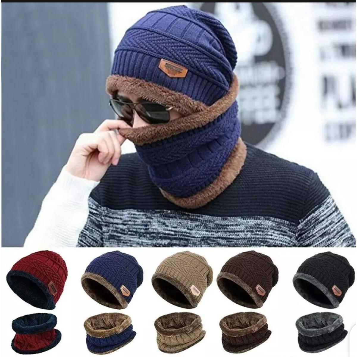 2 Piece Winter Elastic Knitting Thick Fleece Warm Woolen Beanie Cap Sport Hat & Neck Scarf Set