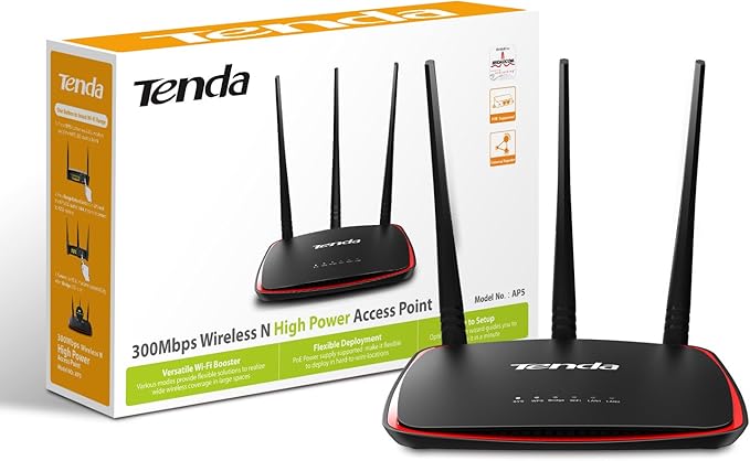 Tenda AP5 High Power Wireless N300 Universal Access Point/WiFi Extender with PoE Injector (Black) | High Speed Access Point Router