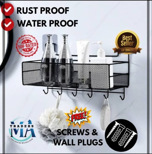 Wall Mounted Meshed-Style Shower caddy Shelve With Hooks, Space Saving Bathroom Shelf Storage Rack For Cosmetics, Shampoos & Shower Gel, Bathroom Shower Caddy & accessories Organizer Basket.