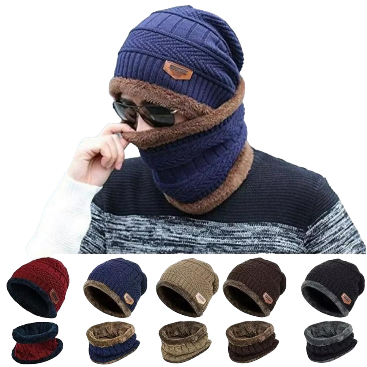 2 Piece Winter Elastic Knitting Thick Fleece Warm Woolen Beanie Cap Sport Hat & Neck Scarf Set