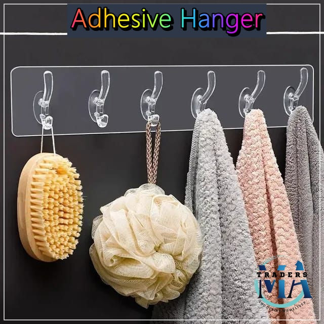 Transparent 6 Hooks Self Adhesive Wall Stickers Hanger For Doors, Cupboards, Kitchen & Bathroom Tiles Multipurpose Seamless Sticky Shower Caddies & Hangers Strip for Clothes/Wardrobe accessories/Kitchen-Bathroom Accessories & Keys Hanger