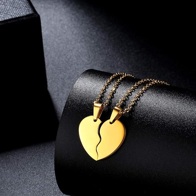 2 Pcs Set Heart Broken 2 Locket With 2 Chain - Heartbroken Non Magnetic Matching Couple Best Friend Ship Pendant Necklace For Girls Women Men Ladies Couples Unisex Friendship Silver and Golden Nacklace