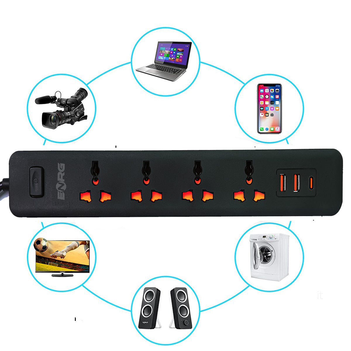 Smart Universal Extension Board 4 Power Socket + 2 Usb Ports + Typr C Port Plug For Electronics Mobile Charging With 2 Meter Heavy Duty Copper Wire Black