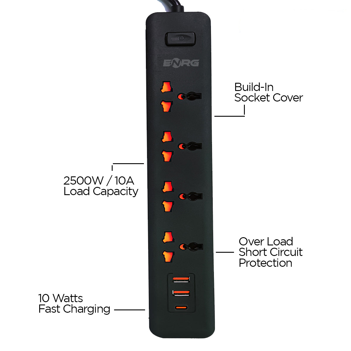 Smart Universal Extension Board 4 Power Socket + 2 Usb Ports + Typr C Port Plug For Electronics Mobile Charging With 2 Meter Heavy Duty Copper Wire Black