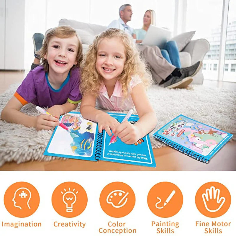 Magic Water Book, Water Drawing Book, Reusable Doddle Book with Pen for Kids