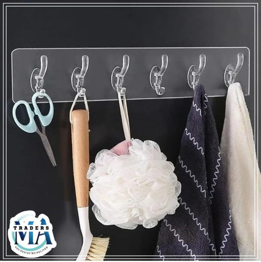 Transparent 6 Hooks Self Adhesive Wall Stickers Hanger For Doors, Cupboards, Kitchen & Bathroom Tiles Multipurpose Seamless Sticky Shower Caddies & Hangers Strip for Clothes/Wardrobe accessories/Kitchen-Bathroom Accessories & Keys Hanger