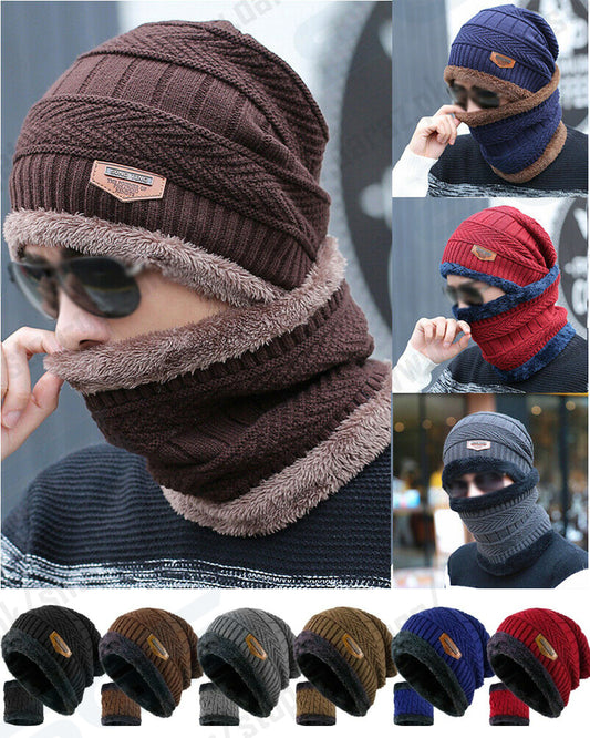 2 Piece Winter Elastic Knitting Thick Fleece Warm Woolen Beanie Cap Sport Hat & Neck Scarf Set