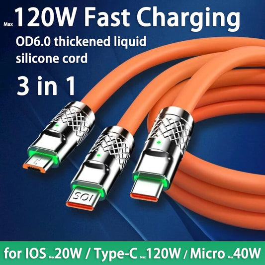 🔌 3-in-1 120W 6A Fast Charging Cable | USB to Type-C + Micro USB + Lightning | Universal Power Cable for iPhone, Samsung, Huawei & More