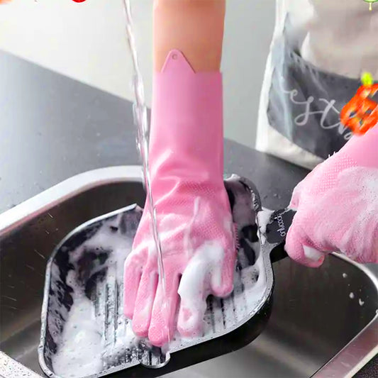 Magic Silicone Gloves with Scrubber - High-Quality, Reusable, and Heat Resistant for Kitchen, Dish Washing, and Household Cleaning (1 Pair: Right + Left Hand)